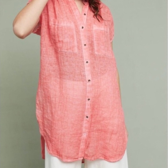 Anthropologie Tops - Anthropologie Holding Horses Longline Coral Pink Tunic 100% Linen Size M…